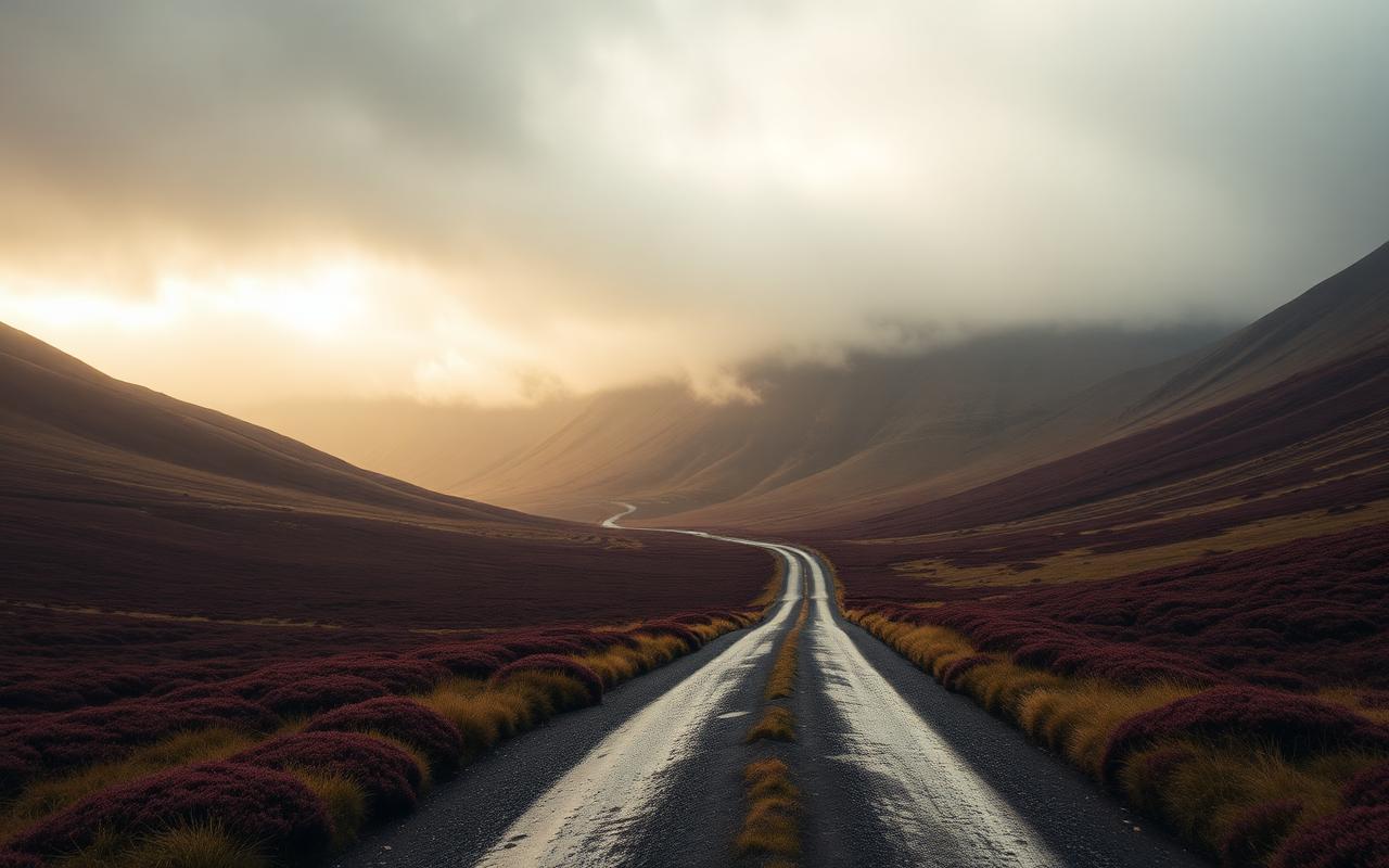 estrada nas Highlands escocesas ao entardecer